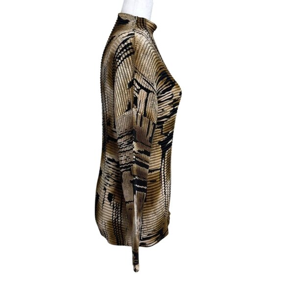 Pleated Top High-Neck Long-Sleeve Brown Black Stretch Womens Sze M - Picture 2 of 5